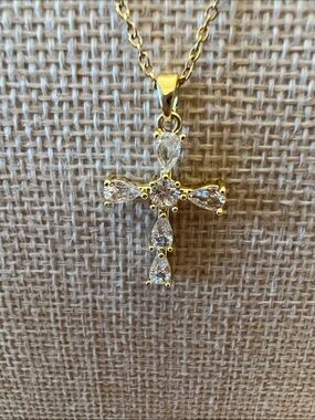 Gold Cross Pendant Necklace with Clear Crystal Accents. Stainless steel